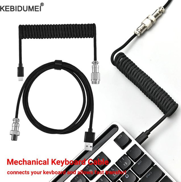Kebidumei USB-C Spiralkabel für mechanische Tastaturen mit Aviator-Stecker in Schwarz - Bild 1