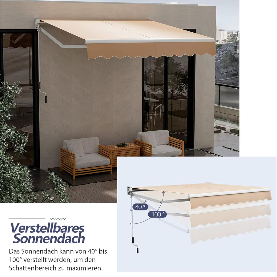 GOFLAME Terrassenmarkise mit Aluminiumrahmen und Handkurbel, wasserdichte Sonnenmarkise mit beweglichen Armen, Breite: 245 cm, Tiefe: 245 cm - Bild 2