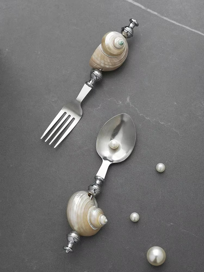 Ahunderjiaz-Light Luxus-Dessertgabel aus poliertem Edelstahl in Silber mit natürlicher Muschelschale - Bild 1