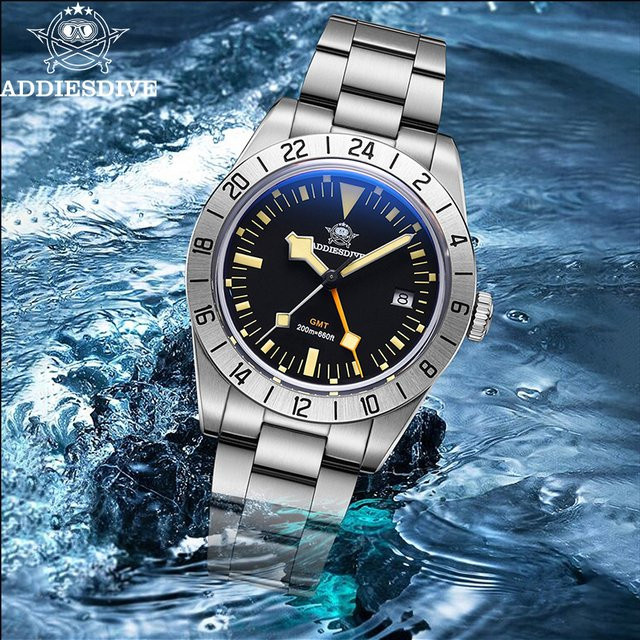 ADDIESDIVE Armbanduhr GMT, Edelstahl, Schwarz, 39 mm, Herren - Bild 1
