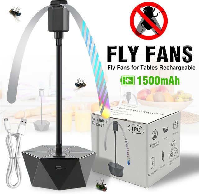 ARTOFUL Wiederaufladbarer Fliegenventilator für den Tisch in Schwarz mit holographischen Rotorblättern für drinnen und draußen - Bild 1