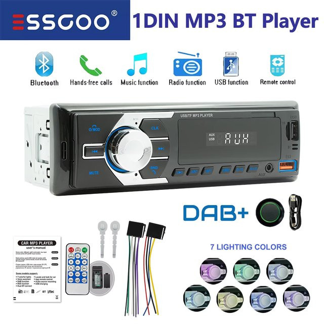 ESSGOO Single 1DIN Universal-Autoradio mit DAB+, Bluetooth, Freisprechfunktion, MP3-Player, USB, FM, Aux-In und 7 Farben Beleuchtung in Schwarz - Bild 1