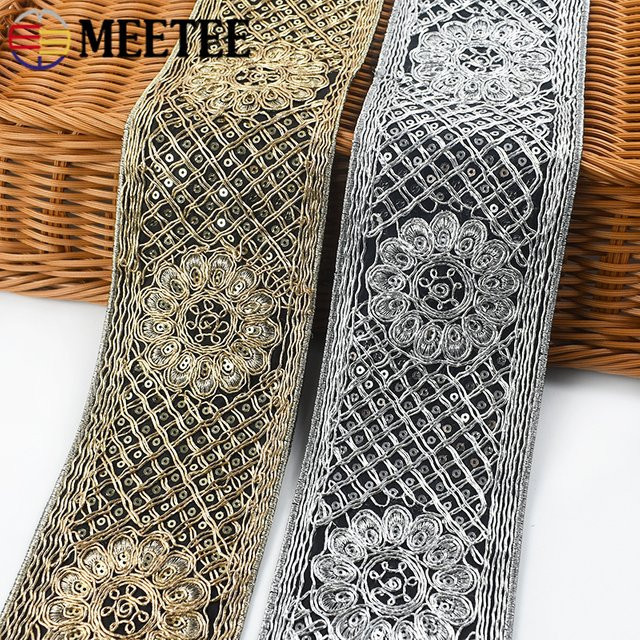 Meetee Ethnische Pailletten Spitzenbänder für Kleidung und DIY-Projekte, Breite: 7,8 cm, Farben: Silber, Schwarz, Gold - Bild 1