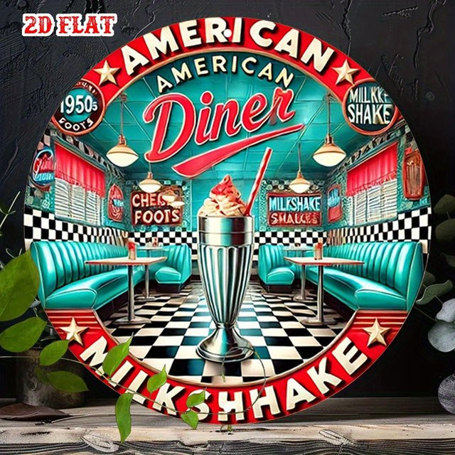 Potdemiel Vintage 1950er Jahre American Diner Milkshake Rundes Aluminiumschild aus Metall, Wanddekoration Mehrfarbig, Durchmesser: 20 cm - Bild 1
