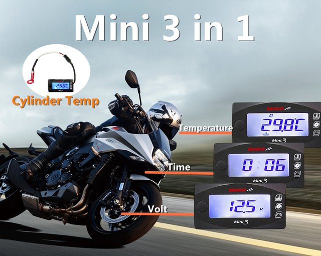 Koso 3-in-1 LCD-Digitalanzeige für Motorräder mit Zylindertemperatur, Zeit und Volt in Schwarz – Universal passend für Yamaha, Suzuki und Kawasaki - Bild 1