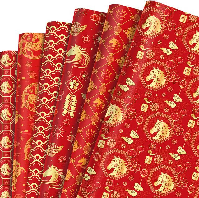 Set mit 12 Stück Geschenkpapier mit chinesischem Neujahrspferd-Muster in Rot für deine Neujahrsparty-Dekoration - Bild 1