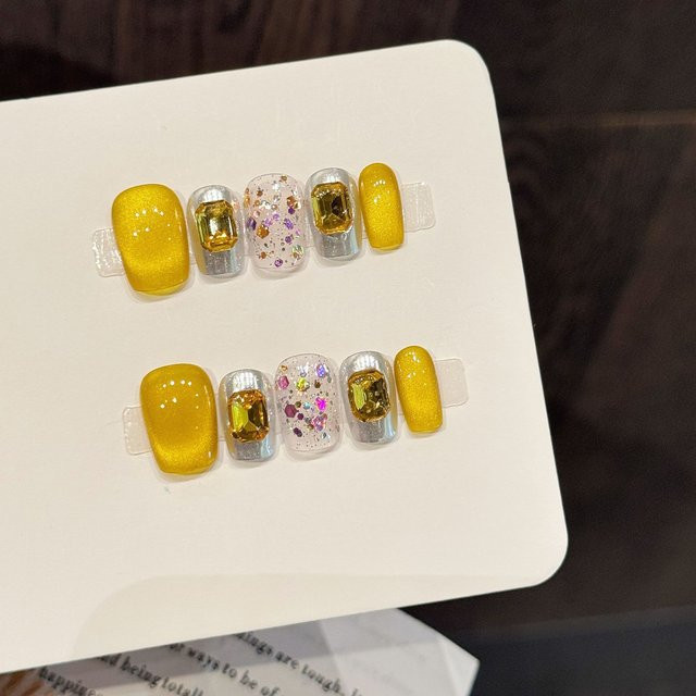 YADORNOS Künstliche Nägel, goldfarbener holografischer Glitzer, 10-teilig - Bild 1