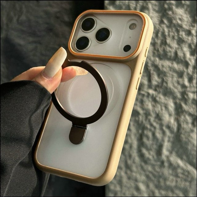 Magnetische faltbare Metallringhalter Hülle für iPhone 11 bis iPhone 17 Pro Max Matte Armor Cover mit MagSafe Kompatibilität in Schwarz und Beige - Bild 1