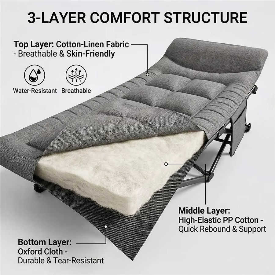 HGTUGO Klappbares Campingbett Grau mit Kissen und Seitentaschen, Tragbares Outdoor-Campingbett für Erwachsene mit 200 kg Tragkraft - Bild 2