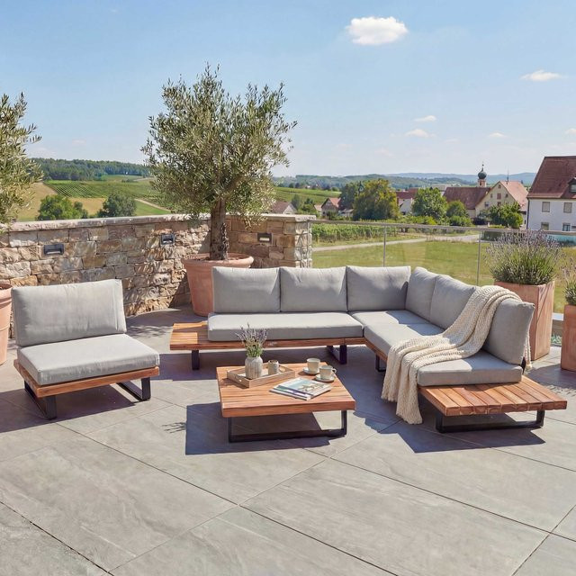 MCW Garten-Lounge-Set H54 mit Sofa und Sesseln aus Akazienholz und Aluminium, Hellbraun mit hellgrauen Spun Poly Polstern - Bild 1