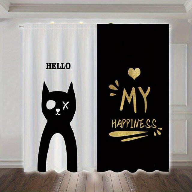 Yiran Furniture Vorhang mit Katzenmotiv in Schwarz und Weiß, 2er-Set semi-transparent, B: 60 cm, H: 50 cm pro Paneel - Bild 1