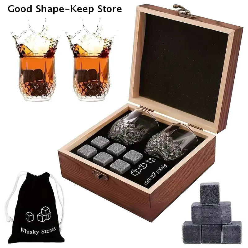 HOUKEA Whisky-Set mit 8 Granit-Eiswürfeln und 2 Gläsern in einer braunen Holzbox - Bild 3