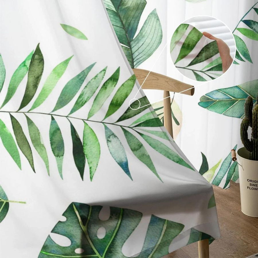 Yiran Furniture Transparentes Voile-Organza-Fenstervorhang mit Tropischen Blättern und Palmen, Weiß, B: 135 cm, H: 115 cm - Bild 3