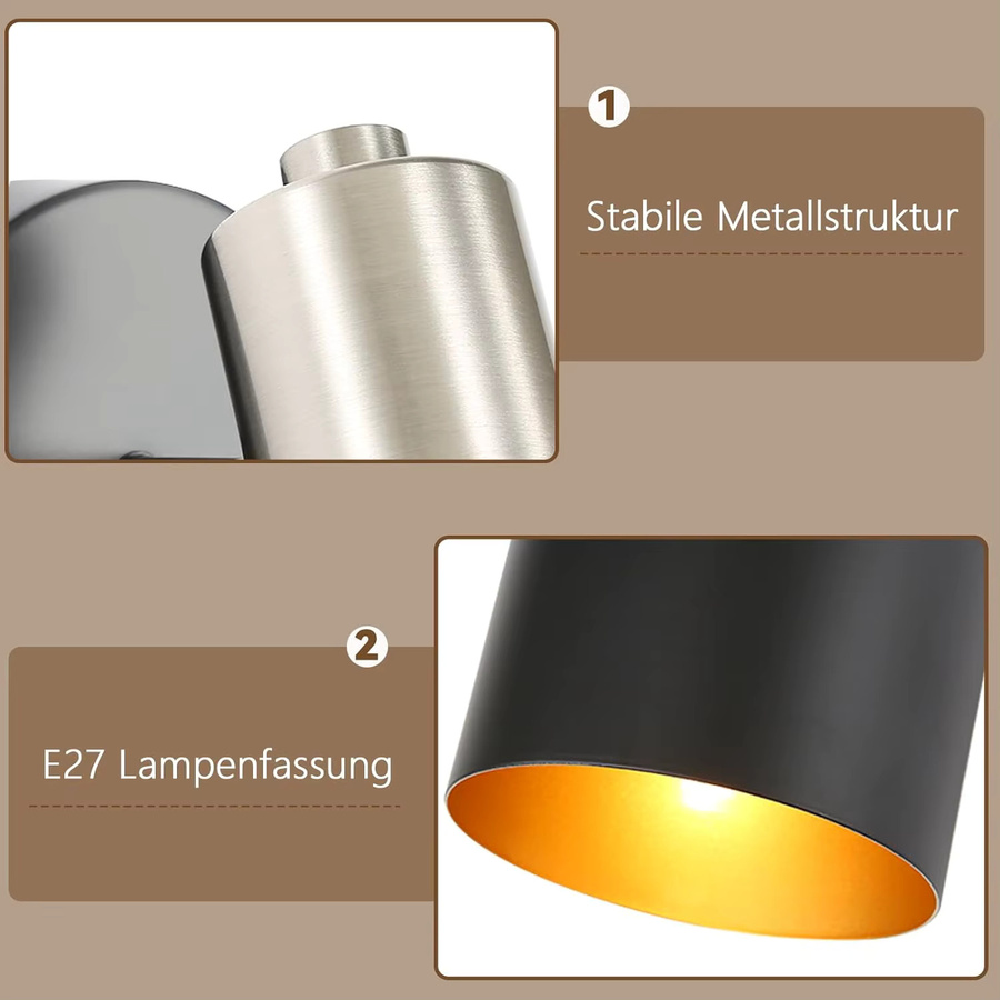 Vintage Wandlampe aus Metall in Schwarz mit Schalter, 330 Grad drehbar, E27 Retro Wandspot für Schlafzimmer, Küche oder Flur (ohne Leuchtmittel) - Bild 3