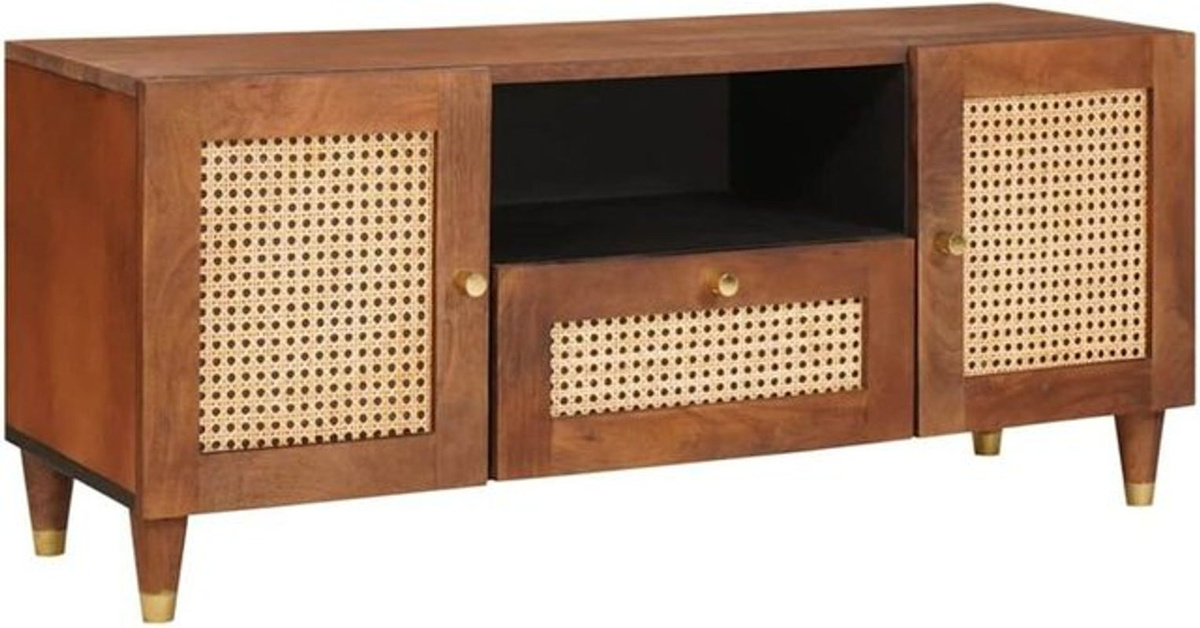 vidaXL TV-Schrank aus Massivholz Mango in Braun mit Regal im Modern Retro Design, B/T/H: 105 x 33,5 x 46 cm - Bild 1