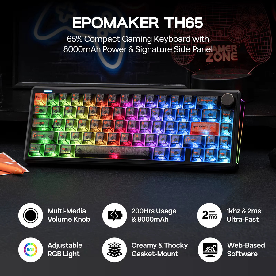 EPOMAKER TH65 Mechanische Tastatur 65% ANSI US-Layout mit Bluetooth, 2,4GHz und Kabelverbindung, 8000mAh Akku und Lautstärkeregler, Weiß/Mehrfarbig - Bild 2