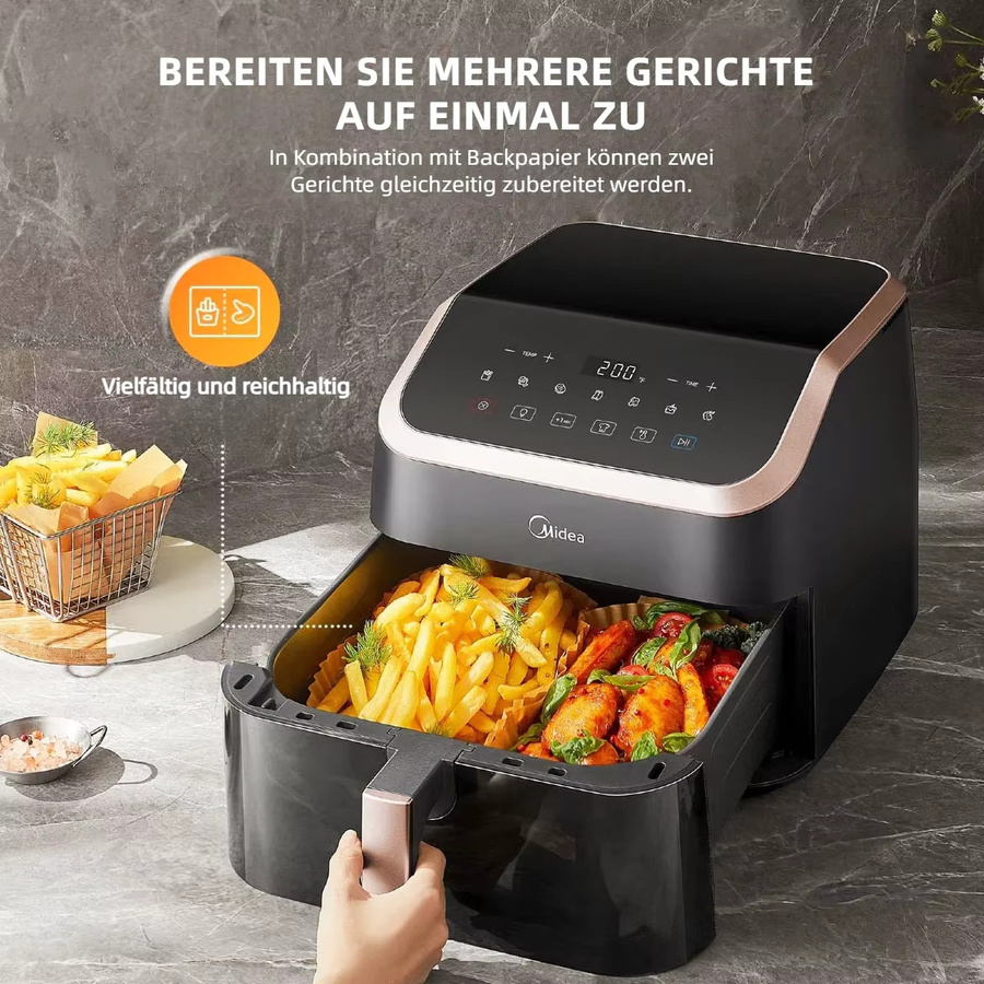 Midea XXL Heißluftfritteuse 8-in-1 mit Sichtfenster, 8,5 l Volumen, bis 200 °C, Schwarz/Roségold - Bild 4