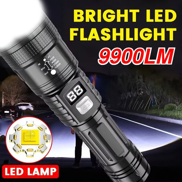 XIWANGFIRE LED-Taschenlampe mit 9999 Lumen, wiederaufladbar via USB, taktischer Zoom, Schwarz - Bild 1