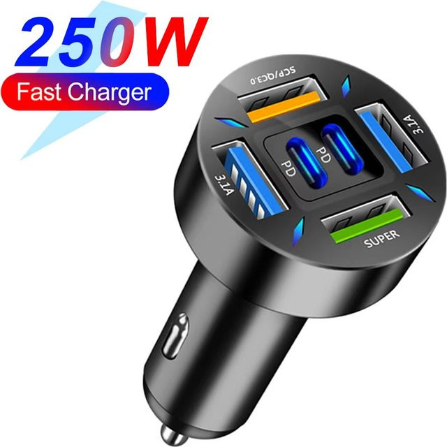 kebidumei 6-Port Autoladegerät mit 250W, schnelles Laden mit PD QC3.0 USB-C und Typ-C Adapter, Schwarz - Bild 1