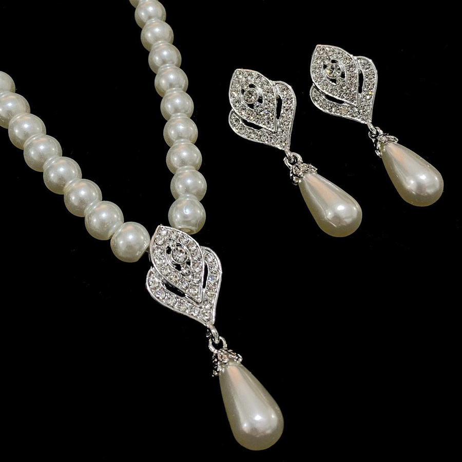 Schmuck-Set Halskette, Ohrringe, Perle, Diamant, Zirkonia, Weiß, Damen - Bild 2