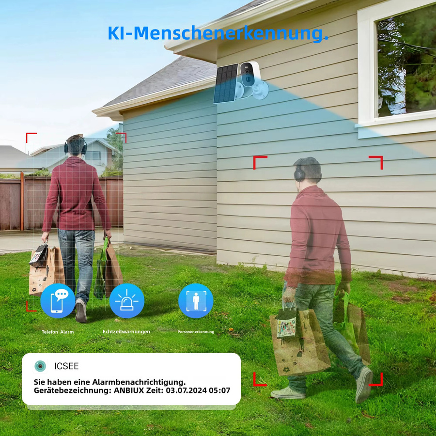 Abuntu 4MP 2K HD Kabellose Solarkamera mit 4800mAh Akku, WLAN Außenkamera in Weiß, IP66 Wasserdicht, PIR Menschenerkennung und ICSEE App Unterstützung - Bild 3