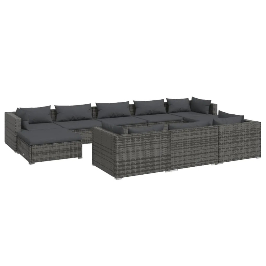 vidaXL 10-tlg Garten-Lounge-Set in U-Form aus grauem Poly-Rattan mit Polsterkissen und pulverbeschichtetem Stahlgestell - Bild 2