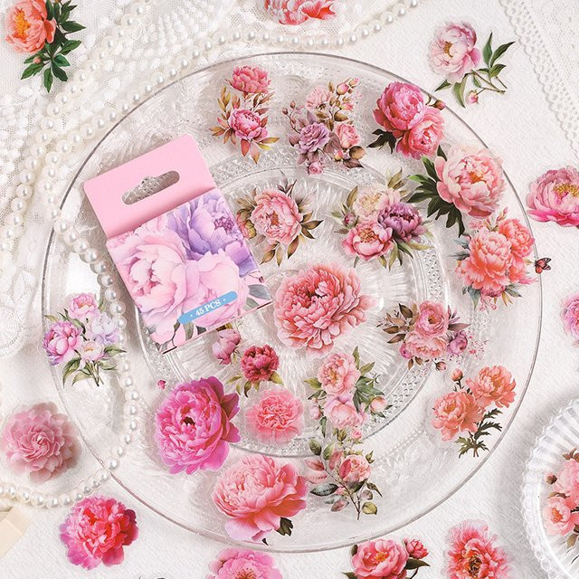 45 Stück Rosa Blumen Aufkleber für DIY Tagebuch Scrapbooking und Planer aus Papier - Bild 1