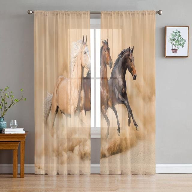 Transparenter Tüllvorhang von A Family Of Home Textiles mit Aquarellmalerei von schwarzen und weißen Pferden, Breite: 135 cm, Höhe: 114 cm - Bild 1