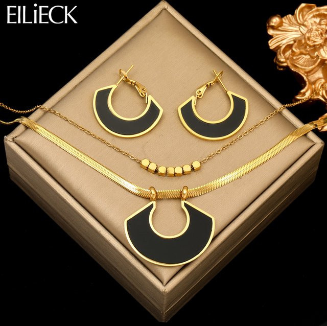 EILIECK Schmuck-Set Halskette, Ohrringe, Edelstahl, Schwarz, Damen - Bild 1
