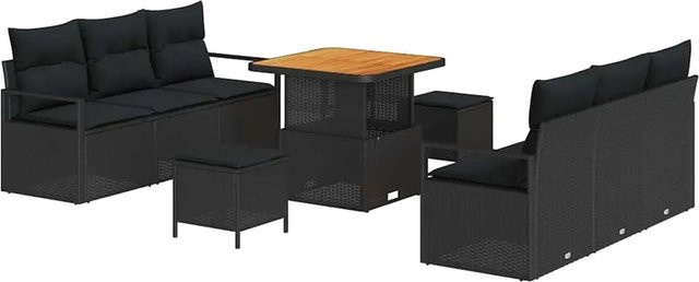 vidaXL Garten-Sofa-Set aus Poly-Rattan in Schwarz, 9-teiliges L-Shape Set mit 3-Sitzer-Sofa, 2-Sitzer-Sofa, Ottoman, Couchtisch und Kissen für Terrasse und Garten - Bild 1