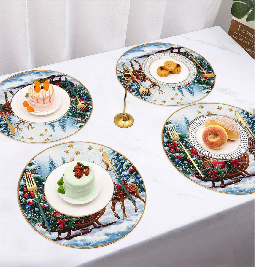 VIKAMA 4-teiliges Weihnachtsmann-Schlitten-Tischset aus Leinen mit Rentier und goldenen Sternen, rund, mehrfarbig - Bild 2
