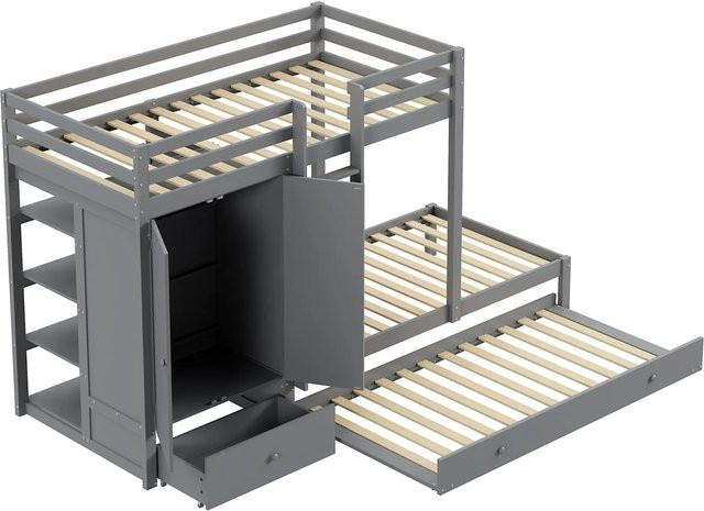 KOMHTOM Etagenbett aus Massivholz mit Ausziehbett, Kleiderschrank, Schubladen und Staufach, Grau/Weiß, B/T/H: 200 x 90 x 170 cm - Bild 1