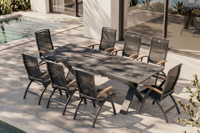 Hartman Garten-Essgruppe Xanadu Da Vinci aus Aluminium und Glaskeramik in Anthrazit mit 8 Klappstühlen, Tisch B: 220-280 cm, T: 100 cm - Bild 1