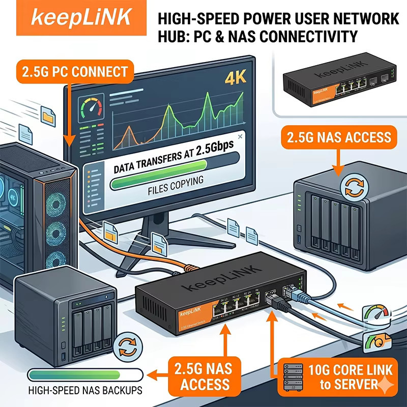 keepLiNK 6-Port Multi-Gig Unmanaged Switch mit 4x 1/2.5GbE RJ45 und 2x 10Gb SFP+ Uplink im Metallgehäuse - Bild 2