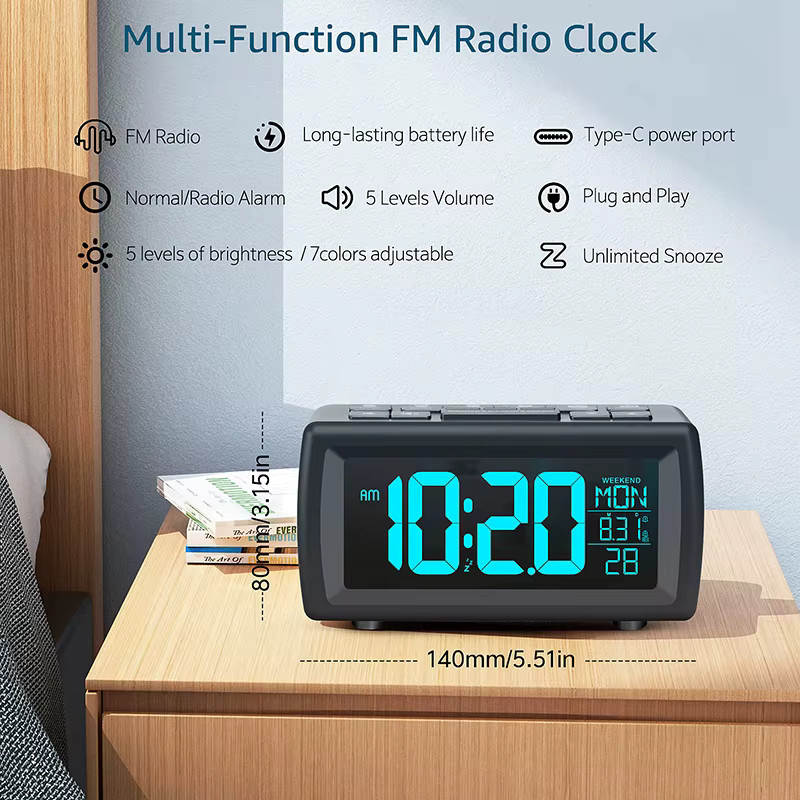 Niditon Retro FM-Radio-Wecker mit Digitalanzeige für Nachttisch und Wohnzimmer, Schwarz, 7-Farben-Schriftart mit Datum und Wochentag - Bild 2