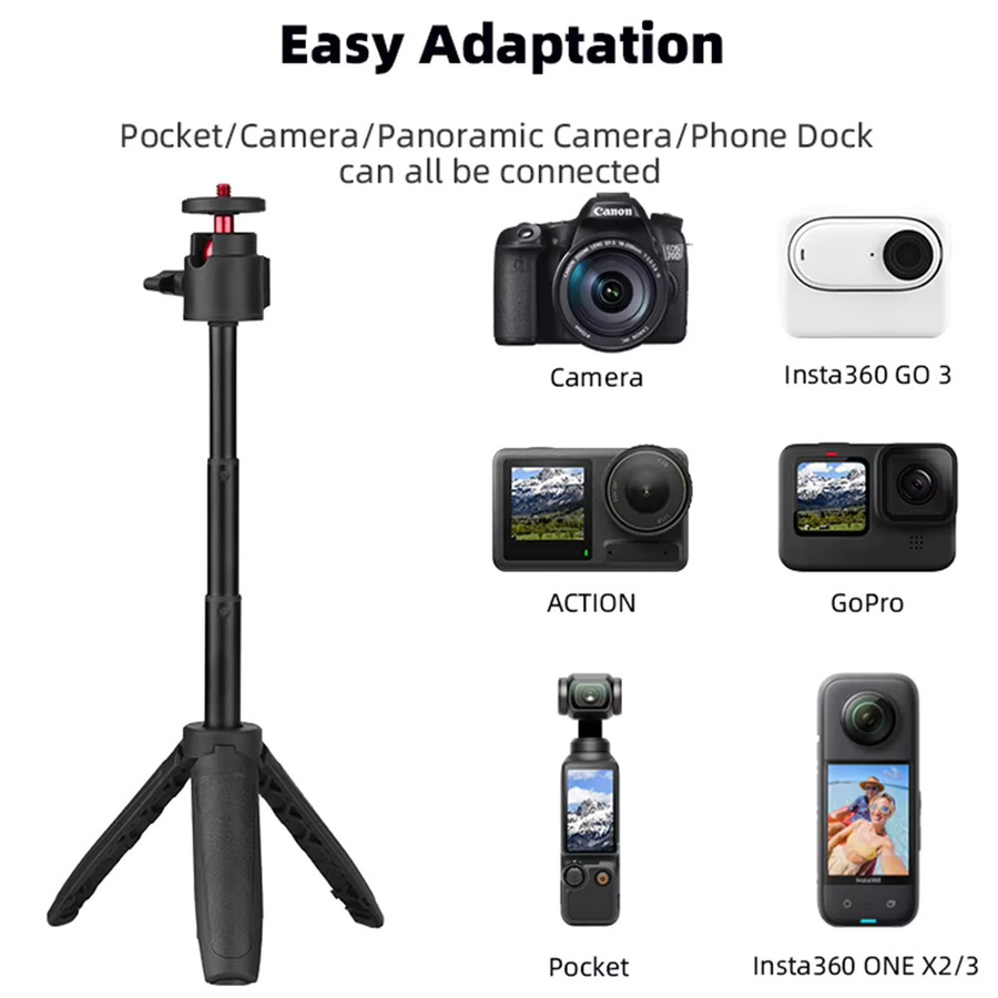 Selfie-Stick-Stativ mit Zubehör für Insta360 X4 X3 Ace Pro 2 DJI Action 5 4 Pocket 3 und GoPro in Schwarz - Bild 2