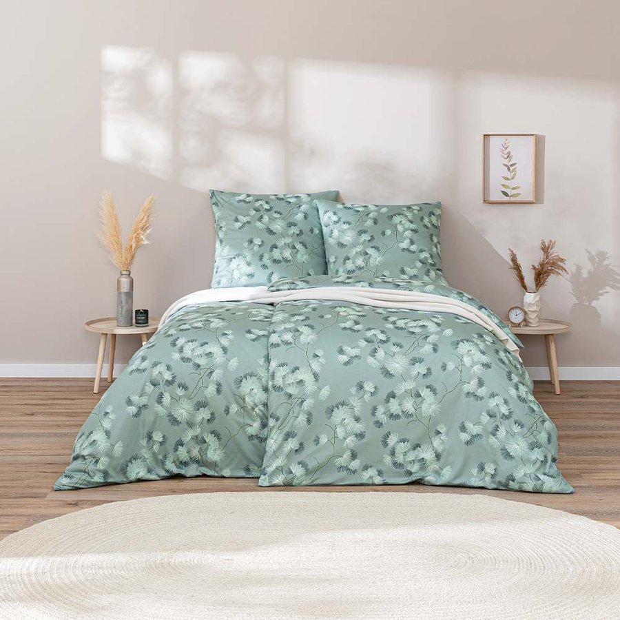 Estella Mako Jersey Bettwäsche Rumi Salbei Grün Blätter Äste mit Bettbezug und Kissenbezug B/H: 155 x 220 cm und 80 x 80 cm - Bild 1