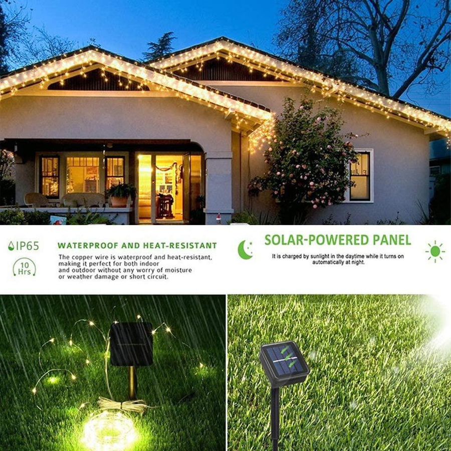 HappyhomeEE Solarbetriebene LED Lichterkette mit 100 LEDs in Warmweiß und Kupferdraht, 8 Modi für Garten, Terrasse, Hochzeit und Weihnachtsdekoration - Bild 6