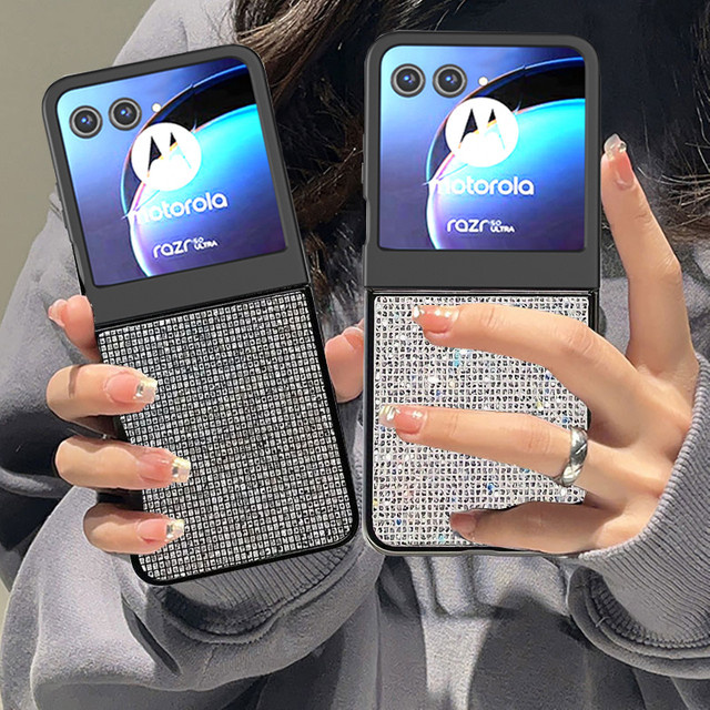 Luxuriöse Glitzer-Gitter-Leder-Handyhülle für Motorola Razr 40, 50 und 60 Ultra in Weiß, stoßfeste Schutzhülle aus hartem PC - Bild 1