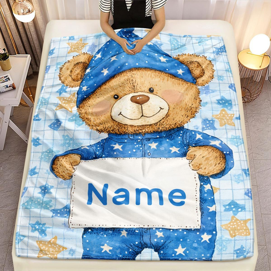 Personalisierte blaue Bären Decke für Kinder mit Namen und Sternen aus weichem Coral Fleece, B/B: 70 x 100 cm - Bild 2