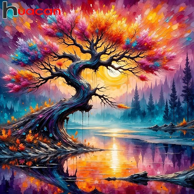 Huacan 5D DIY Diamantmalerei Sonnenuntergang Landschaft Wanddeko Rund, Mehrfarbig - Bild 1