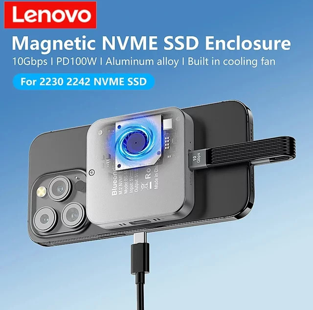 Lenovo Magnetic M2 NVMe SSD-Gehäuse mit Kühlventilator und 100W PD-Ladefunktion, USB-C Typ-C Gehäuse für M.2 2230 und 2242 SSDs, kompatibel mit iPhone und Mac - Bild 1