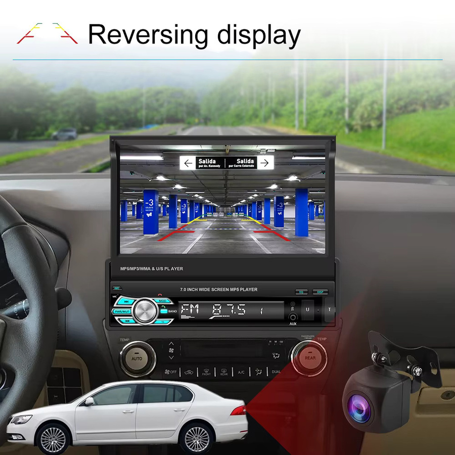 Podofo 1Din Autoradio mit 7 Zoll einziehbarem Bildschirm, Bluetooth, Carplay, Android Auto, MP5 Multimedia-Player und Mirror Link in Schwarz - Bild 5