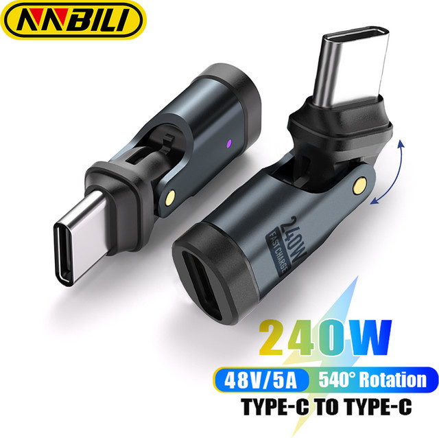 NNBILI USB-C auf USB-C Adapter 240W PD3.1 abgewinkelt 180 Grad Schnelllade-Konverter in Schwarz für MacBook Pro Samsung Xiaomi - Bild 1
