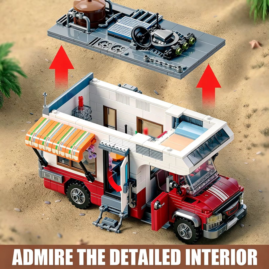 CONUSEA Urlaubs-Campingbus-Bausatz, Wohnmobil-Modell, mit LED-Beleuchtung und Outdoor-Grillzubehör - Bild 2