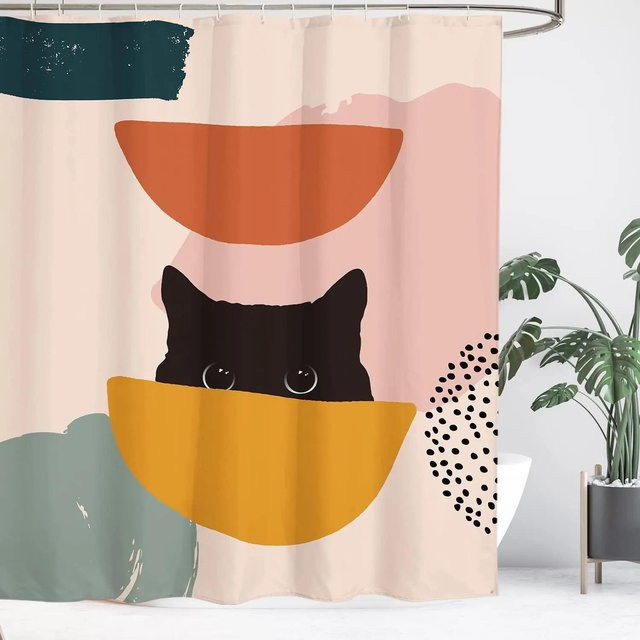 Minimalistischer Duschvorhang mit abstraktem Katzenmotiv in Schwarz und Bunt aus Polyester, Breite: 90 cm, Höhe: 180 cm - Bild 1