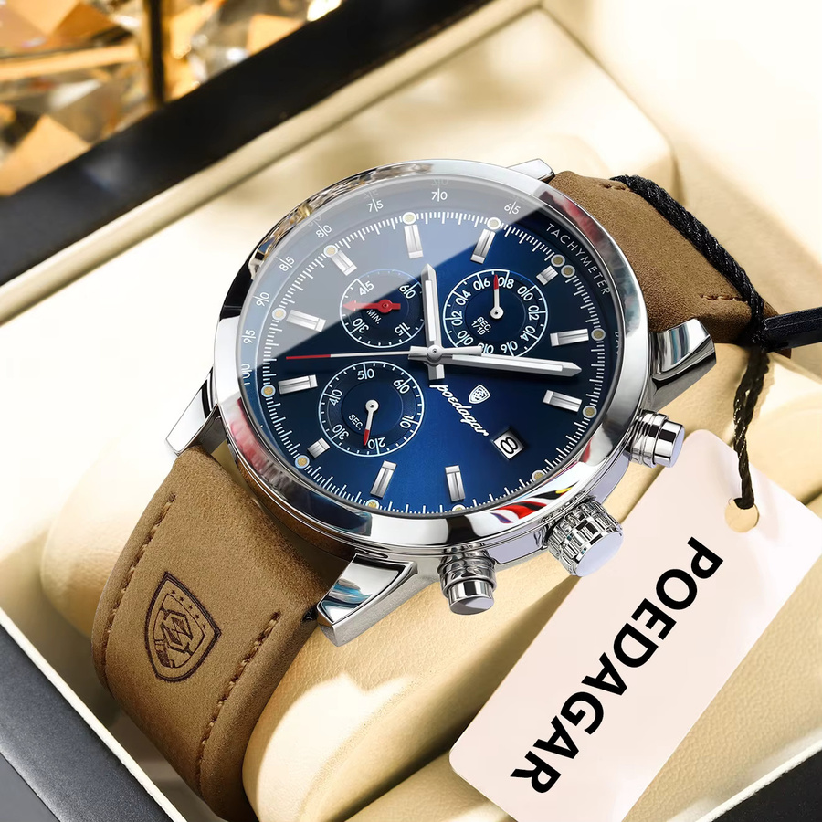 POEDAGAR Chronograph Armbanduhr, Quarz, Leder, Silber, Herren - Bild 2