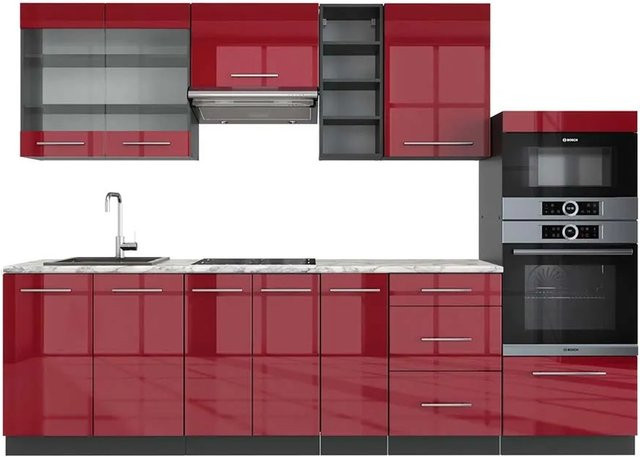 Vicco Fame-Line Küchenschränke Bordeaux Hochglanz und Anthrazit mit Marmor-Optik, Breite: 280 cm - Bild 1