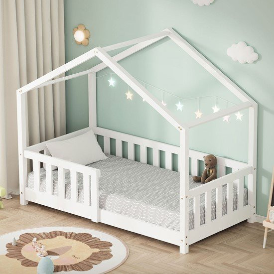 ML-Design Kinderbett Hausbett aus Kiefernholz in Weiß und Beige mit Rausfallschutz und Lattenrost, B/T/H: 140 x 70 x 80 cm - Bild 1