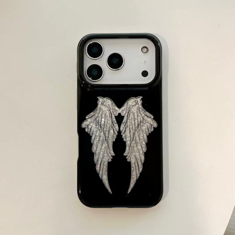 Potdemiel Handyhülle mit 3D Engelsflügeln im Cartoon-Design für iPhone 15 16 17 Pro Max, Schwarz, Rosa und Weiß - Bild 4